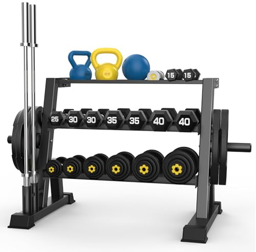 JX FITNESS 3-stöckiges Hantelregal, Hantelstange mit 499 kg Kapazität Hantelscheibe und Curlstange Aufbewahrung für Home Gym