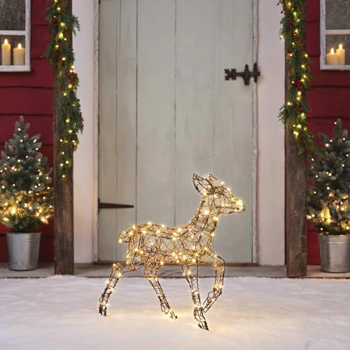 Lights4fun Studley-Rattan-Kitz mit 110 LEDs | Weihnachtsbeleuchtung Dekoration Weihnachten | Solarbetrieben & mit Timer | wetterfest für Garten außen | Höhe 60 cm