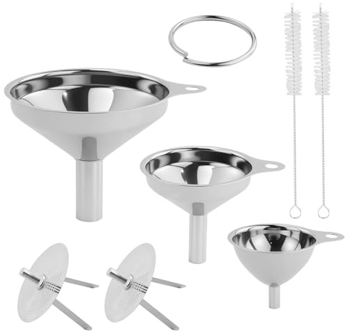3 piezas de juego de embudos de acero inoxidable, embudos de cocina con asa, embudo para mermelada con colador, cepillo de limpieza, embudo de llenado para transferir especias, líquidos, polvos