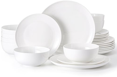 HIKAA Geschirrset 8 Personen, 24-Teiligs Knochenporzellan Geschirr Set, Teller Set Mikrowellen und Spülmaschinenfest, Tafelservice für Zuhause, Hochzeiten, Kombiservice Leicht und Langlebig (Weiß)
