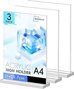 RITOLLO 3 Stück T-Form Aufsteller A4, Transparenter Acryl Tischaufsteller Schildhalter, Tischaufsteller A4 für Büro, Geschäft, Restaurant, Schule & Theke (21 x 29,7 cm)