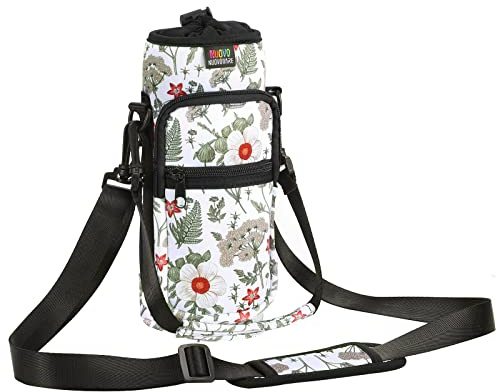 Nuovoware Water Bottle Carrier Bag, 750ml Bottle Pouch Holder, Adjustable Shoulder Hand Strap 2 Pocket Sling Neoprene Sleeve Sports Accessories for Hiking Travelling Camping, Hibiscus White