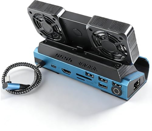 Sxhlseller RGB Dockingstation für Steam Deck, Hub Dock mit Zwei Lüftern, 4K bei 60 Hz, Gigabit Ethernet, USB 3.0 X 4, 100 W PD Aufladung, RGB Licht, für Steam Deck, OLED, ROG