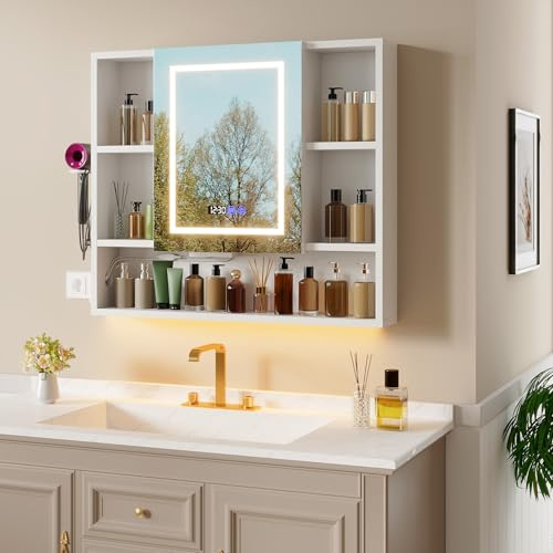 Ztexkee Spiegelschrank Bad mit Beleuchtung und Antibeschlag Funktion Hängender Badezimmer Spiegelschrank mit Zeit- und Temperaturanzeige, Steckdose,Haartrocknerständer und 8 Staufächer,90x80x16 cm