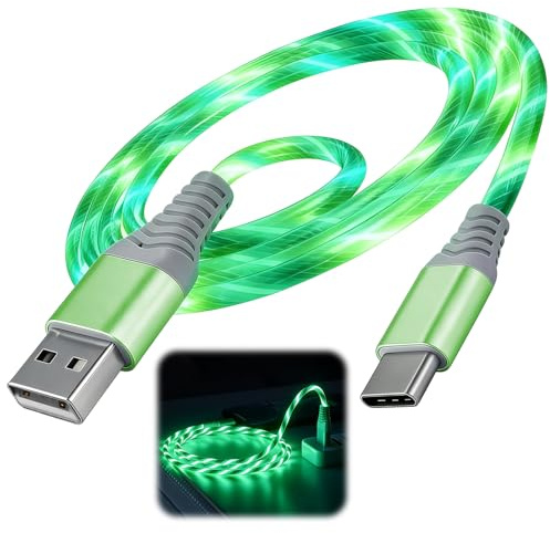 Aihoom LED Glow USB-A to USB-C Charging Cable, 2m Fast Charge Type-C Lead, Light-Up TPE Anti-Tangle Durable Data Cable for Smartphones, Tablets and Gaming Consoles (Green)