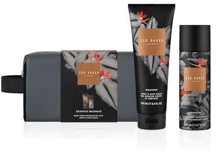 Ted Baker Fusion Graphite Toiletry Gift Set for Men, Body Spray & Wash | Aromatic Woody Fragrance, Full Size Body Spray Deodorant and 2-in-1 Hair Body Wash in Bag. Gift Set for men.