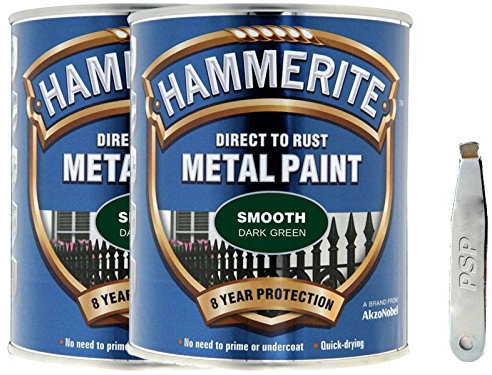 Twin Pack of Hammerite Smooth Dark Green Metal Paint 2.5 Litre with PSP Metal tin Opener. Durable, Corrosion Resistant Decorative Coating for Metals, Certain Plastics and Wood