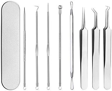 Pinkiou Pulizia Viso Punti Neri, Pinzetta Blackhead Estrattore Strumento, Togli i Punti Bianchi e Le Macchie Acne Dal Viso, 8 Pezzi con Custodia in Metallo