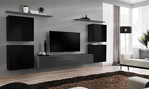 ASM Wand-Set Switch IV – 1 Vitrine – 1 Bank TV – 2 Einlegeböden – Schwarz und Graphit – Modell 2