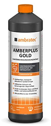 Ambratec AMBERPLUS GOLD SANITÄRREINIGUNGSKONZENTRAT 1000ml, Kalkentferner, Edelstahl, Abperleffekt, Seifenrester,Fettablagerungen, Dusche, Fließen, Sanitär