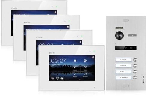 Balter EVO Video Türsprechanlage, Touchscreen, 4X 7 Zoll Monitor, Türstation für 2 Familienhaus Türklingel mit Kamera 150° Weitwinkel Smartphone App 2-Draht Bus