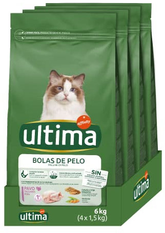 Ultima Bolas de pelo Pavo, Comida seca para gatos, Pack de 4 x 1,5kg, Total 6kg