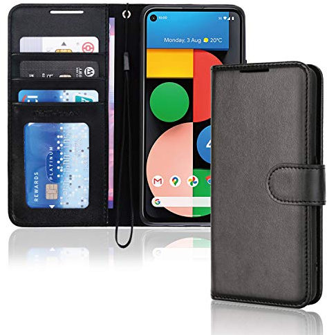 TECHGEAR Leder Hülle Pixel 4a 5G - PU Leder Flip Case Schutzhülle Ledertasche [Brieftasche] Handyhülle mit Ständer und Handschlaufe Beutel kompatibel mit Google Pixel 4a 5G (Nicht Pixel 4a) Schwarz