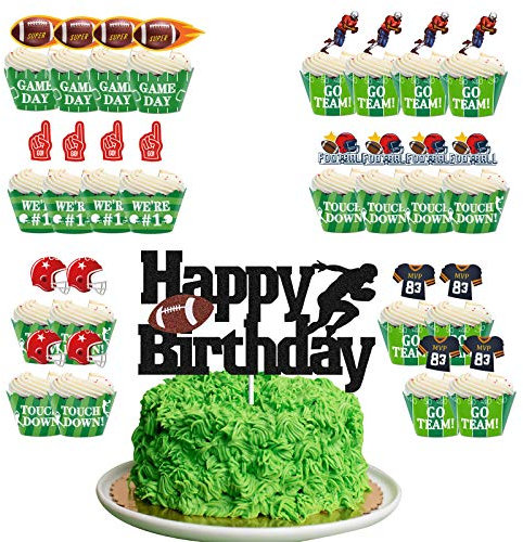 American Football Happy Birthday Cake Topper Rugby Ball Cupcake Toppers for Man Kids Women Super Bowl Party Touchdown Themed Party Supplies 25Pcs