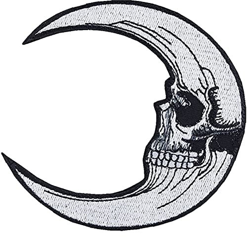 Halbmond Totenkopf Aufnäher Skull head Aufbügler Skull Patch zum annähen/aufbügeln | Heavy Metal Bügelbilder | Jeans Flicken Applikation für alle Stoffe | 90x85mm