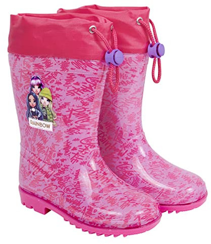 PERLETTI Stivaletti Pioggia Bambina Rainbow High - Stivali Impermeabili Color Viola con Scritte Fucsia - Scarponcini Bimba Suola Antiscivolo Rosa - Galosce con Chiusura Coulisse (Fucsia, 28/29 EU)