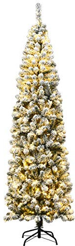 RELAX4LIFE Weihnachtsbaum Künstlich mit Schnee, Tannenbaum mit 350 warmweiße LED-Leuchten, Bleistift Weihnachtsbaum 225 cm, Christbaum aus PVC, Kunstbaum für Weihnachten