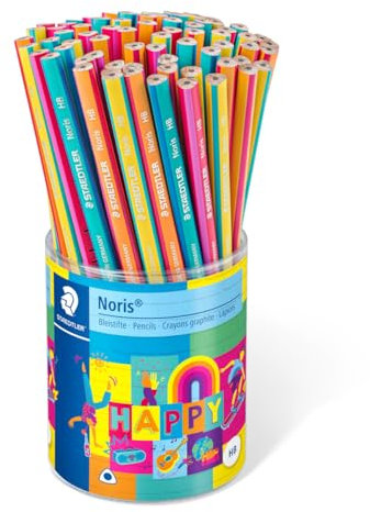 STAEDTLER dreieckige Bleistifte Noris Happy in farbenfroher Streifung, hohe Bruchfestigkeit, Härtegrad HB, 72 Bleistifte im Köcher, 118 KP72HA