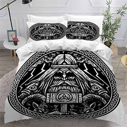 NUYSP Bettwäsche 135x200 Wikinger Einzelbett Bettbezug Set 3D Druck Nordischer Gott Thor der Ziege Bettwäsche Set 3 Teilig mit 2 Kissenbezug 80x80 cm Weiche Mikrofaser Bettbezug mit Reißverschluss