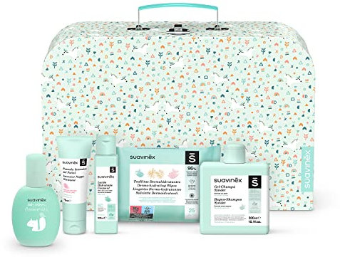 Suavinex, Babybox Set Geschenk für Babys Enthalten: Gel-Shamon Syndet 300 ml + 100ml Feuchtigkeitslotion + Windelsalbe 75 ml + Köln Memories 100ml + Desinfektionstücher 25 Stück, Minze