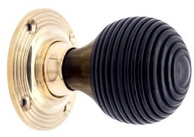 Infinity Decor Pure Ebony Wood & Rosewood Door Knobs/Wooden Beehive Victorian Mortice Rim Knob/Solid Brass Rose Plate Polished Brass Finish (Ebony Beehive)
