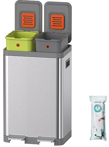 Mbillion Kitchen Bin, Dual Step Trasn Can & Recycling Garbage Bins, Stainless Steel, with Removable Inner Buckets, for Home, Office (20+20L Silver)