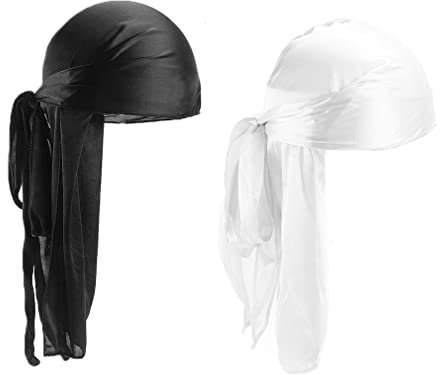 Colexy 2 PCS Silky Durag Unisexe Bonnet Chapeau Durag pour Hommes Femmes Bonnet Respirant Doux Bandana Wave Cap Durag Turban Head Headwraps avec Long Tail et Wide Straps