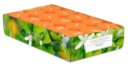 pajoma® Teelichte 30 Stück, Orange | Duft-Teelichte in Polycarbonathülle, Brenndauer ca. 4 Stunden - Höhe 1,5 cm ø 3,5 cm | Premium Qualität | Deko, Gastronomie, Outdoor, Windgläser, Hochzeit