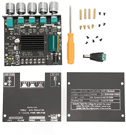 ASHATA Carte Amplificateur Récepteur Audio Stéréo Bluetooth 5.0, 50W X 2 100W 2.1 Canaux Module D'ampli Numérique Haute Puissance sans Fil pour Haut-parleurs Passifs Domestiques