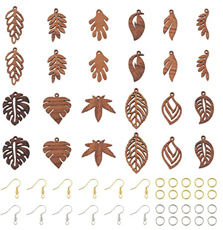 Pandahall 144 Stück DIY Blatt baumeln Ohrringe Herstellung Kit inklusive Naturholz Charms Anhänger Messing Ohrringhaken Sprungring