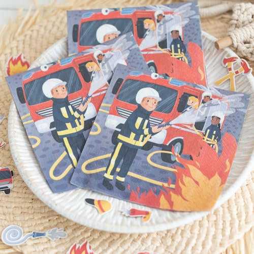 40 Stück Servietten zum Feuerwehr Kindergeburtstag - gedruckt in der EU - plastikfreie Verpackung - Feuerwehr Geburtstag Pappierservietten