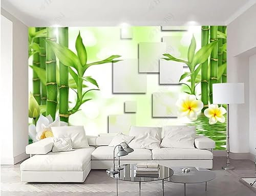 Papier Peint Panoramique 3D Lac De Lotus En Bambou Papier Peint Intissé Trompe L Oeil Déco Mural Tableaux Muraux Photo 250Cm(W)*175Cm(H)