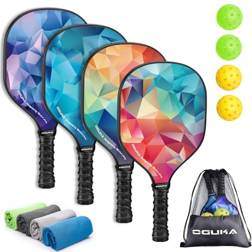 Oguka Palas de Pickleball, Juego de 4 paletas de Pickleball Ligeras aprobadas por USAPA, 4 Bolas de Pickleball, 4 Toallas de refrigeración y Bolsa, Raquetas de Pickleball de Primera Calidad, Regalos