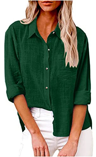 SMIDOW Camisa de algodón y lino con botones para mujer