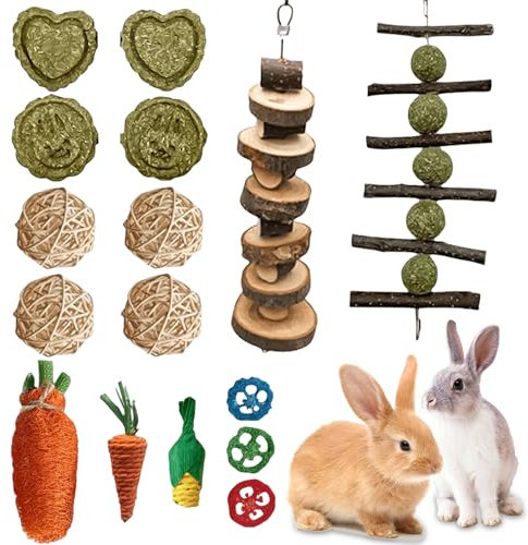 Molbory 16 Stück Kaninchen Spielzeug Beschäftigung Kauspielzeug, Hasen zubehör mit apfelstäbchen Timothy Heu Sticks, Kleintiere Molar Zahnpflege für Hamster Meerschweinchen Papagei