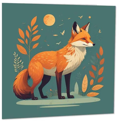 Fox Moon Grußkarte – Künstlerische Fuchs-Zeichnung Geburtstagskarte 145 x 145 mm