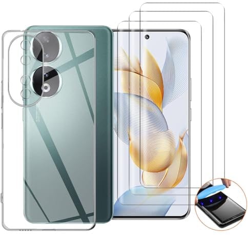 NOVAGO Compatible con Honor 90 5G - Pack completo - Carcasa flexible transparente resistente + 3 protectores de pantalla de cristal templado 3D curvado con pegamento incluido (transparente)
