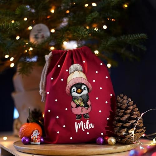 ilka parey wandtattoo-welt Nikolausbeutel Nikolaussäckchen Nikolaussack Nikolaus Nikolausgeschenk Weihnachtssäckchen Stiefel personalisiert mit Namen und Pinguin Motiv nkb3 - ausgewählte Farbe: *Rot*