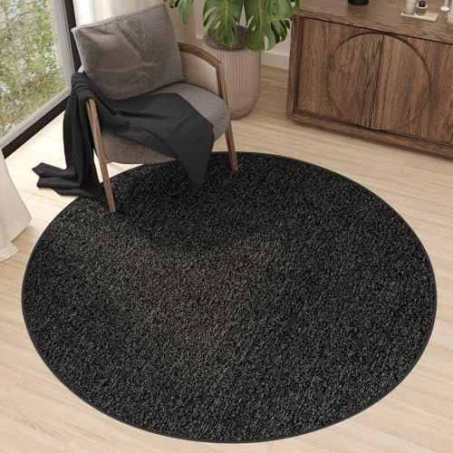 TAPISO Nizza Teppich Anthrazit Einfarbig Melange Rund Anti Rutsch Loop-Teppich Niedriges Flor Waschbar Wohnzimmer Schlafzimmer ÖKO-TEX 100 x 100 cm