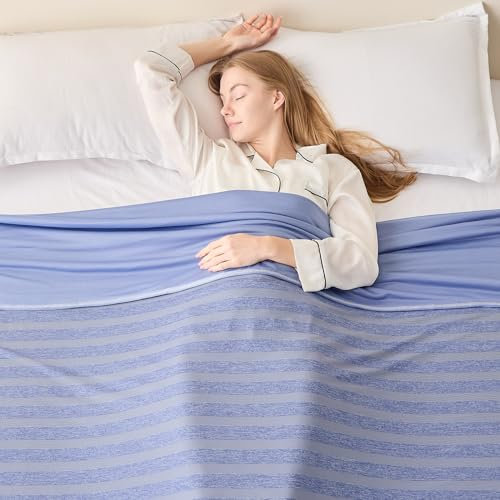 EMME Kühldecke Kühlende Decke, Arc-Chill Q-Max>0,4, 274 x228 cm, 2 in 1 Doppelseitige Dünne Sommerdecke, Leicht Atmungsaktiv Tagesdecken, Sofa Decken,Bettüberwurf Groß Kuscheldecke,Blau Gestreift