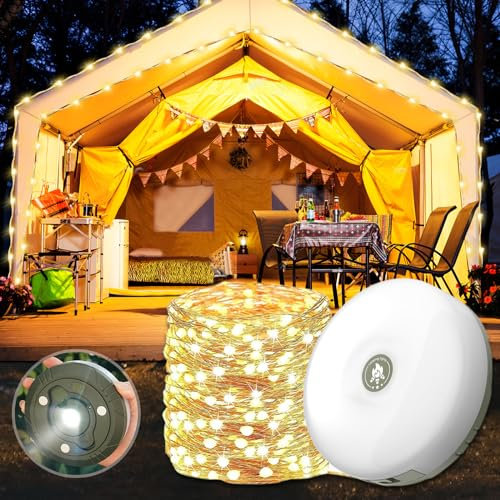 HuaMuDM tragbare Camping Lichter,10m Light Strip Camping Lamp Rechargeable Light Camping Lichterkette Aufrollbar,Camping Lichterkette, Außenlichterketten mit 8 Beleuchtungsmodi