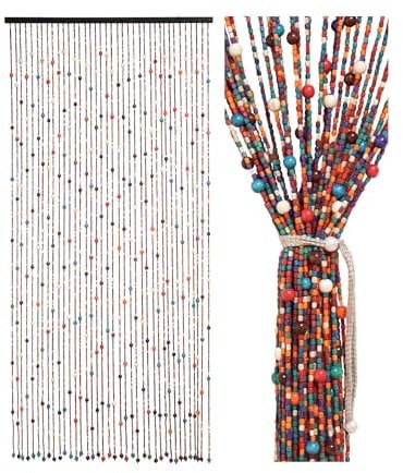 Ezcasch 90x200cm Perlenvorhang Türvorhang als Dekoration & Insektenschutz 38 Stränge Bohemian-Stil Bambusvorhang Handwerk aus Bambus & Holzperlen für Fenster/Zimmer, Bunt Regenbogen