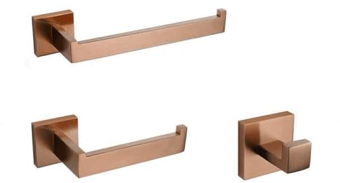 Accessori per il bagno in oro rosa spazzolato Accessori per il bagno quadrati Porta carta igienica Porta asciugamani Barra per accappatoio Porta asciugamani, set da 3 pezzi, 1
