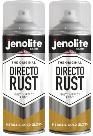 JENOLITE Directorust Metallic Gloss Spray Paint | GOLD | 2x400ml | Multi-Surface Gold Spray Paint for Metal, Wood, Plastic | All-In-OnePrimer, Undercoat and Topcoat | Interior & Exterior