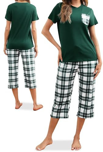 Reliwel Pyjama Femme Coton été Ensemble Femme à Manche Courte et Carreaux 3/4 Pantalon Vêtements de Nuit Col Rond 2 Pièces Doux Confortable