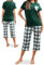 Reliwel Pyjama Femme Coton été Ensemble Femme à Manche Courte et Carreaux 3/4 Pantalon Vêtements de Nuit Col Rond 2 Pièces Doux Confortable