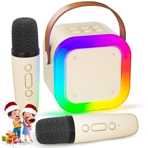 Karaoke Machine Kids 2 Microphones IROO - Mini Karaoke Machine Bluetooth with Voice Changing Effects - Girls Birthday Presents - Supports Smartphone/iPad/TF Card - Ideal for Kids Aged 3+ (Beige)