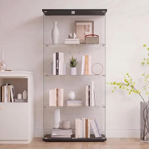Glasvitrine Stehend, Glas Vitrinenschrank, 4 Lagen,2 Türen, Vitrine Abschließbar Sammlervitrine Stehend Ausstellungsvitrine Standvitrine Glasschrank Vitrine Wohnzimmer Bar Büro,80.5x36.5x164cm,Schwarz
