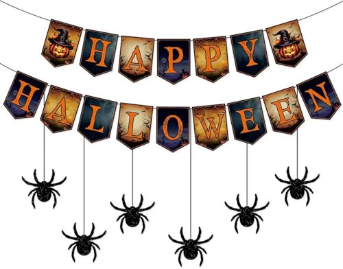 LYNSAN Happy Halloween Girlande Deko, Halloween Deko Set, Halloween Dekorationen Banner, Spinne Happy Halloween Deko Kinderparty, Garten Innen Outdoor Hängende Dekoration, Spinne