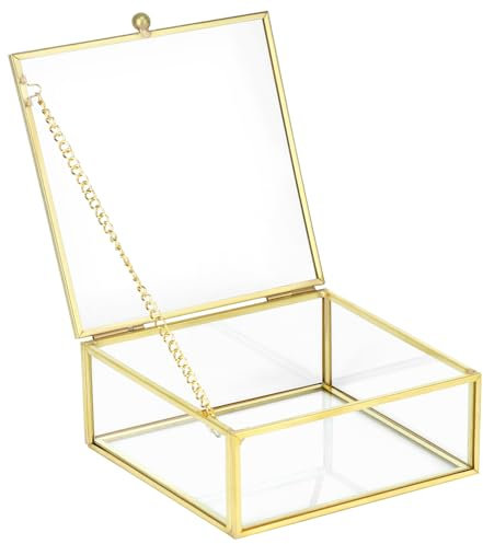 QWORK Golden Vintage Glass Box, Jewellery Storage Organiser, Transparent Rectangular Box, 12 x 12 x 5 cm, for Jewellery Organiser